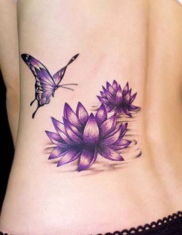 Roxo Flores de Lótus com Tatuagem de Borboleta Arte