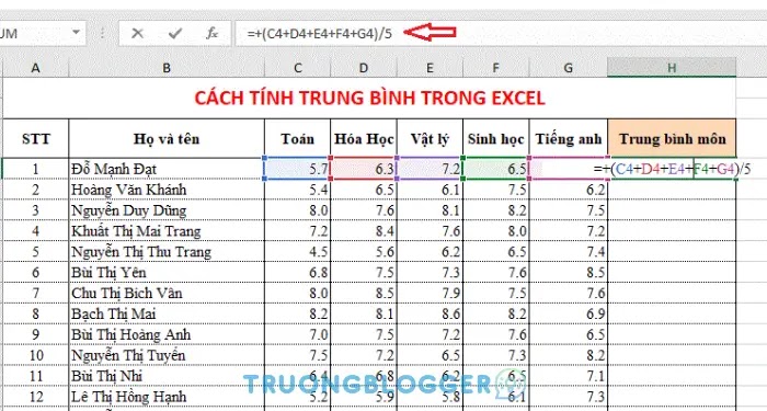 Cách tính điểm trung bình trong Excel dễ hiểu nhất