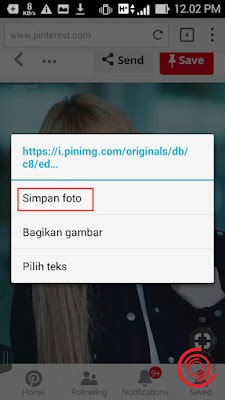 Berikutnya cara untuk menyimpan gambar atau foto dari Pinterest tanpa aplikasi di Android yaitu silakan kalian tahan pada foto atau gambar yang ingin kalian download atau simpan sampai muncul pilihan Simpan Foto, Bagikan Gambar dan Pilih Teks. Silakan kalian pilih Simpan Foto untuk menyimpannya ke Galeri HP kalian.