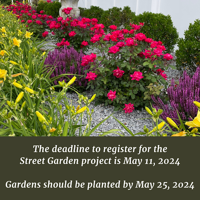 The deadline to register for the Street Garden project is May 11, 2024.  Gardens should be planted by May 25, 2024