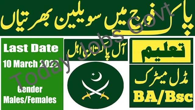 Join Pak Army Civilian Jobs 2023 | Positions Details with Provincial Quotas  Content Latest Pakistan Army Jobs Unfilled Positions: Pakistan Army Jobs Active Ads for 2023 How to Use? Advertisement for Join Pak Army Civilian Jobs in 2023   This website was created to inform visitors of Todayjobsgovt about all Regular Citizen Enlistments in the Pakistani Armed Forces. Enlist in Pak Armed Forces Regular Citizen Occupations 2023 | Apply Across Pakistan is how we titled this content.   This website contains information about job openings in Pakistan's military, including those at military schools, cantonment sheets, focal weapons stops, military studios, extras warehouses, POL terminals, ammo stations, and central command.  Latest Pakistan Army Jobs  osted on:	17th April 2023 Location:	Pakistan Education:	Literate, Primary, Middle, Matric, Intermediate, Bachelor, Master Last Date:	April 30, 2023 Vacancies:	Multiple Company:	Pakistan Army Address:	Pakistan Army, Lahore   Also Check  Security at Airports Jobs at ASF Foundation 2023 Jobs at FPSC in 2023 | FPSC Consolidated Ad No. 04/2023  We encourage Pakistani citizens to regularly check this page for updates on the Pakistani military. Pakistani Armed Forces in 2023 Enlistment of regular people in occupations. Both genders (guys and women) are eligible for this arrangement.  We provide below a concise summary of the current Pak Armed Forces Promotions and JPG Configuration Notices. Interested Pakistani nationals looking for posts in the armed forces can do so here according to their qualifications and expertise. Pak Armed Forces Jobs for Proficient to Graduate Degree Holders are listed on this page.   Unfillied Positions: Army Civilians Recruitment in Pakistan  Pakistan Army Jobs Active Ads for 2023  You may browse the currently active commercials here. For a few occupations, these adverts are hiring via online applications or disconnected applications. Some of the notifications are available on various JobsBox.Pk pages. In a similar vein, rivals should examine all promos to get comprehensive data.  It is suggested that interested applicants download and read the advertisement for the application system. Every advertisement depicts the overall plan for accommodating users.  The applications of up-and-comers should be accompanied by certified copies of and postal orders. Models needed for each position and housing requirements are shown in every advertisement.   Opportunities are available for Representatives, UDCs, LDCs, Cooks, Naib Qasids, Storemen, Talented Labourers, USMs, Information Passage Administrators, Steno Typists, Vendors, and other positions according to the current vacancies in the Pakistani Armed Force.  Candidates with a minimum of four years of college education and a graduate degree should carefully review the adverts below.   How to Apply?  Those in need should access the post that was previously captured and download the application form. Each piece of information is depicted uniquely for each post, including Occupation Subtleties, Commonplace Portions, and Application Systems.  Advertisement for Join Pak Army Civilian Jobs in 2023