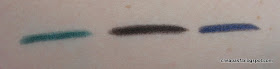 Smudge test (two swipes, moderate pressure, 15 minutes after application). Left to right: ULTA Peacock, Urban Decay Zero, Tarina Tarantino Cute Robot.