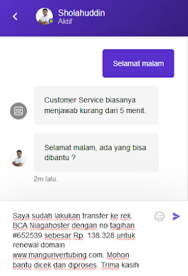 Konfirmasi pembayaran domain via live chat Niagahoster