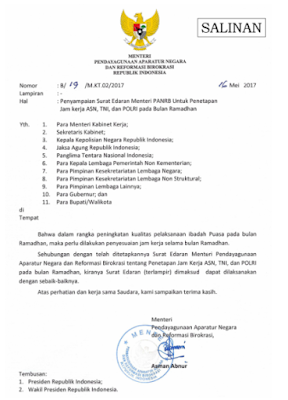  didasarkan terhadap Surat Edaran MENPANRB Nomor Penetapan Jam Kerja ASN,TNI,POLRI Pada Bulan Ramadhan 2017