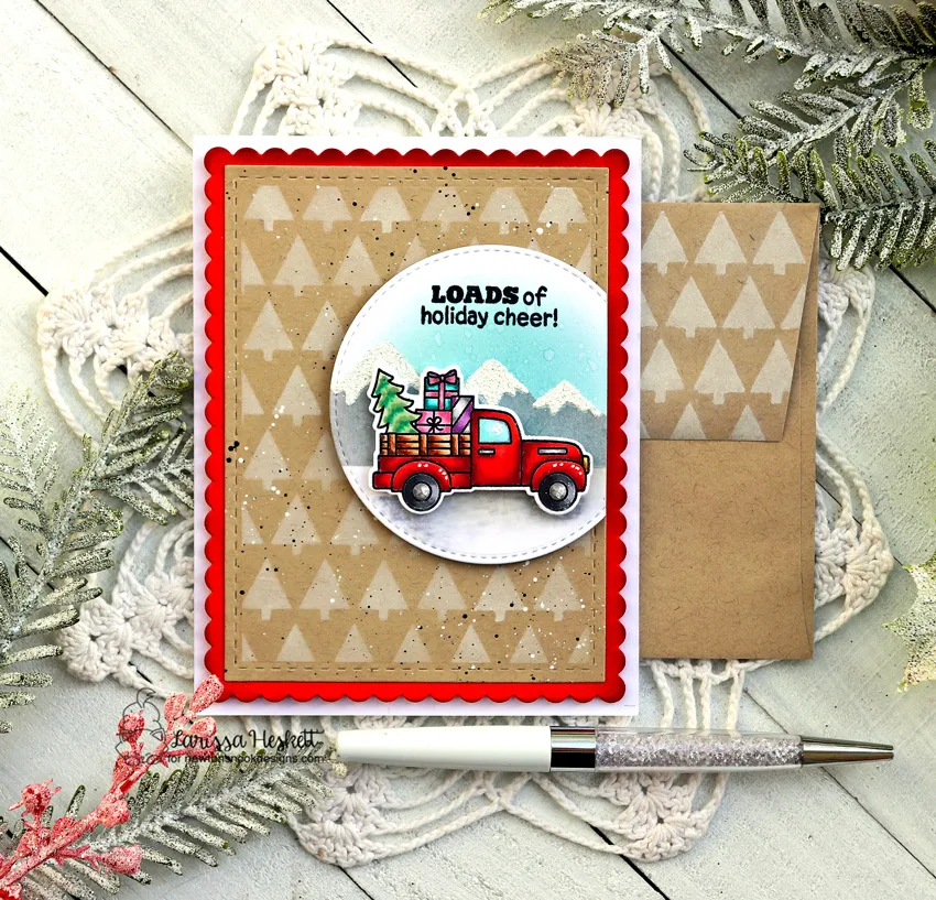 Loads of Holiday Cheer by Larissa Heskett for Newton's Nook Designs using Destination Christmas, Tiny Trees Stencil, Circle Frames Die Set, Mountain Stencil, Frames & Flags Die Set #newtonsnook #newtonsnookdesigns #destinationchristmas #tinytreesstencil #circleframesdieset #mountainstencil #framesandflagsdieset