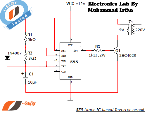 555 timer IC Inverter circuit schematic 12V to 220V  