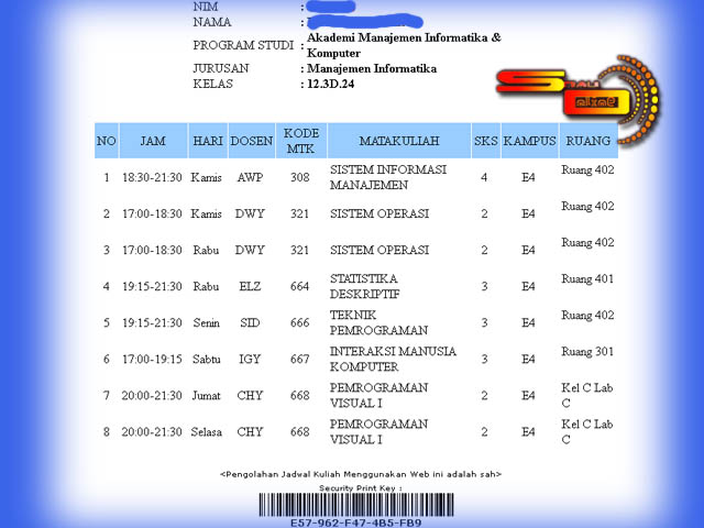 Jadwal Kuliah Semester 3 Jurusan  Manajemen Informatika 