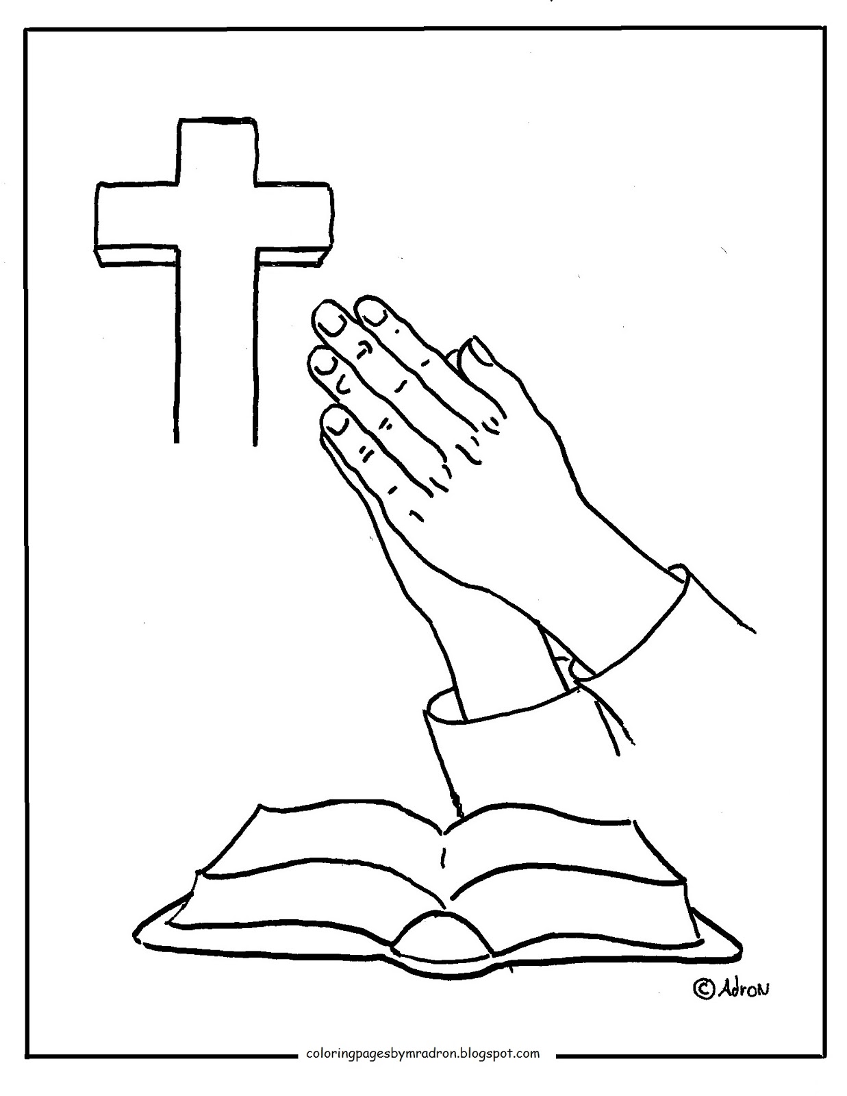 Praying hands with Bible and cross coloring page