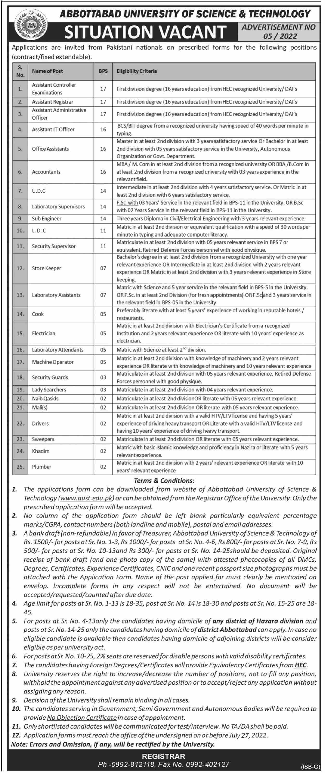 Latest Abbottabad University of Science and Technology Education Posts Abbottabad 2022