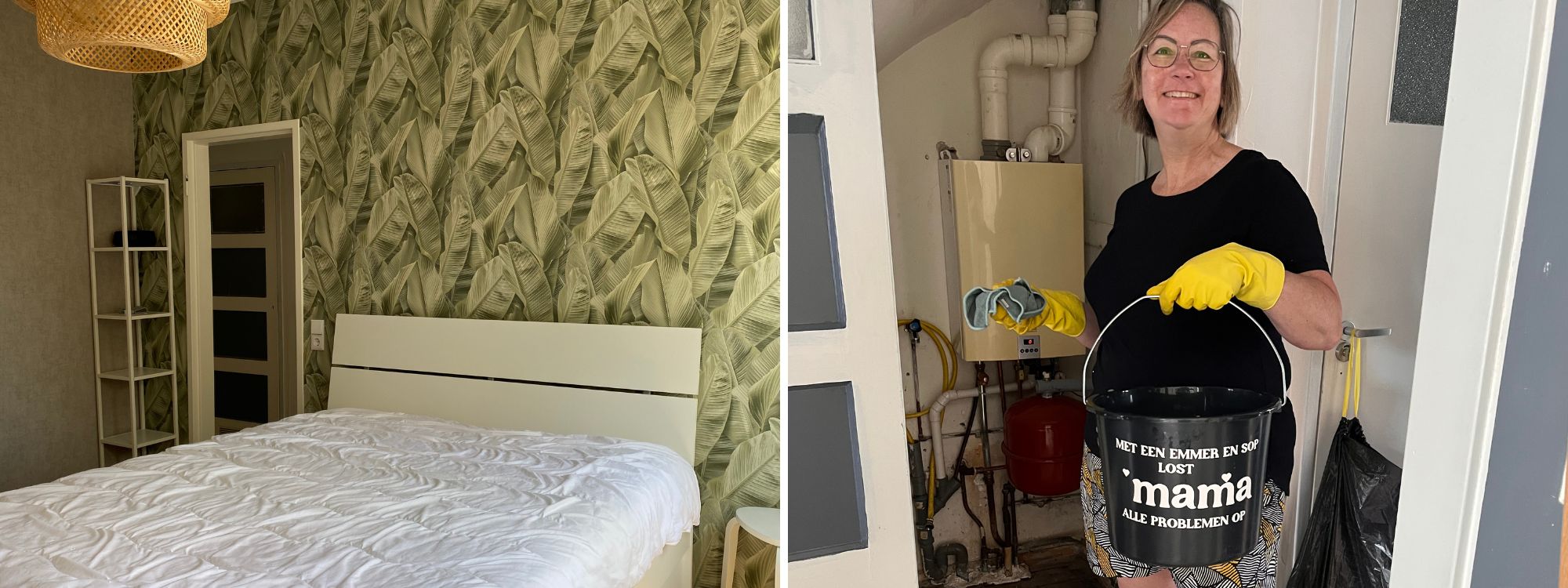 Twee foto's. Links een foto van een opgeruimde slaapkamer. Rechts een foto van mama die poseert met een schoonmaakemmer.