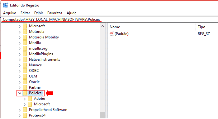 Chave de políticas nos regedit no Windows 10