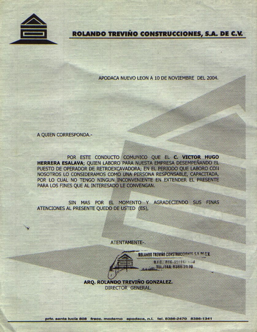 OPERADOR DE RETROEXCAVADORA Cartas de recomendación
