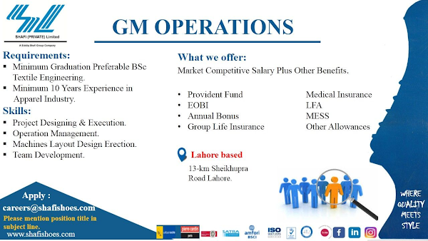 GM Operations | Shafi (Pvt) Ltd, Lahore