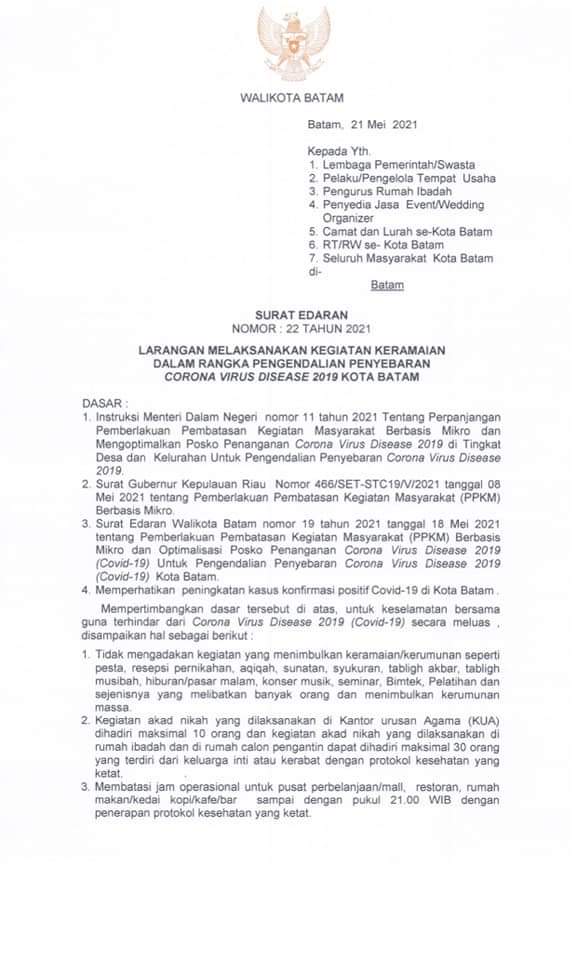 Walikota Batam Terbitkan Surat Edaran, Masyarakat Diminta Tidak Melakukan Kegiatan Keramaian