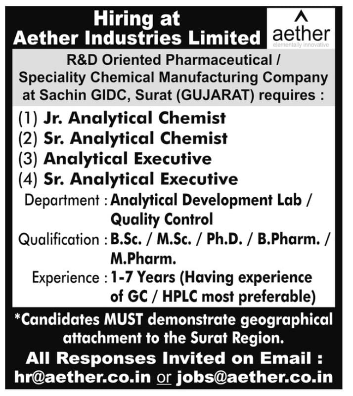 Job Availables,Aether Industries Limited Job Vacancy For BSc/ MSc/ B.Pharm/ M.Pharm/ ph.D