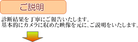 ご説明。診断結果を丁寧にご報告いたします。基本的にカメラに収めた映像を元に、ご説明をいたします。