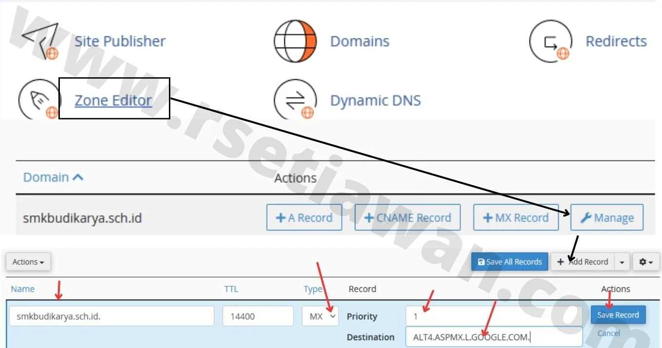 Add MX record di Cpanel Zone editor domain sekolah