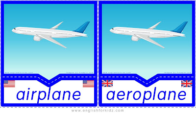 airplane and aeroplane, printable transportation flashcards, American and British English