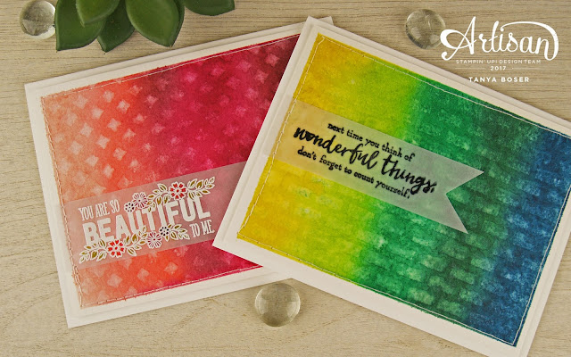 For another fun way to use a stencil, apply to a watercolored background, spritz with pearlized water or a shimmer spray, or plain water, allow to sit on paper for a few seconds, then dab off to remove some of the ink. - Tanya Boser, Stampin Up, Just Add Text stamp set, Pattern Party mask