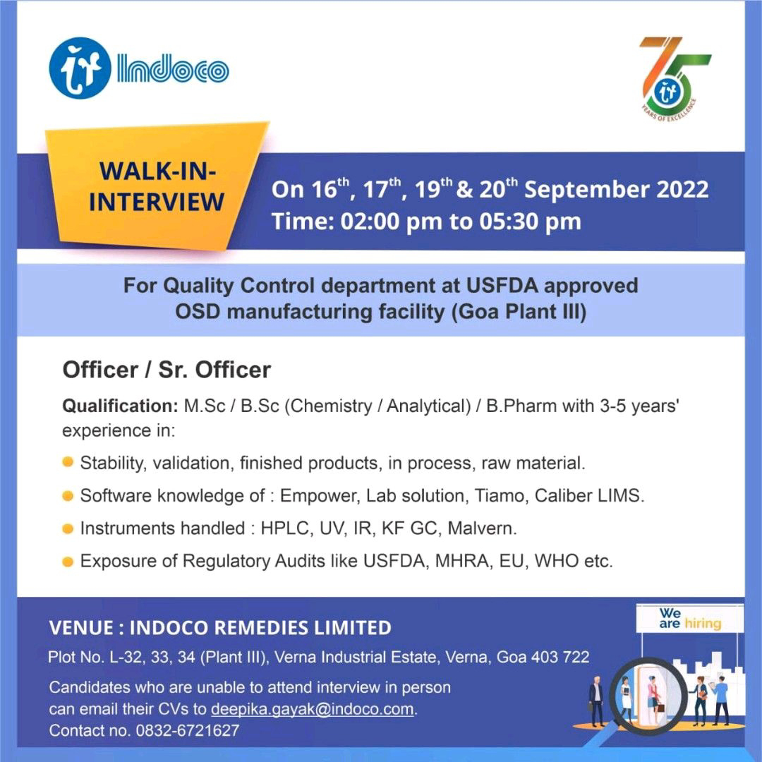 Job Available's for Indoco Remedies Ltd Walk-In Interview for MSc/ BSc Chemistry/ Analytical Chemistry/ B Pharm