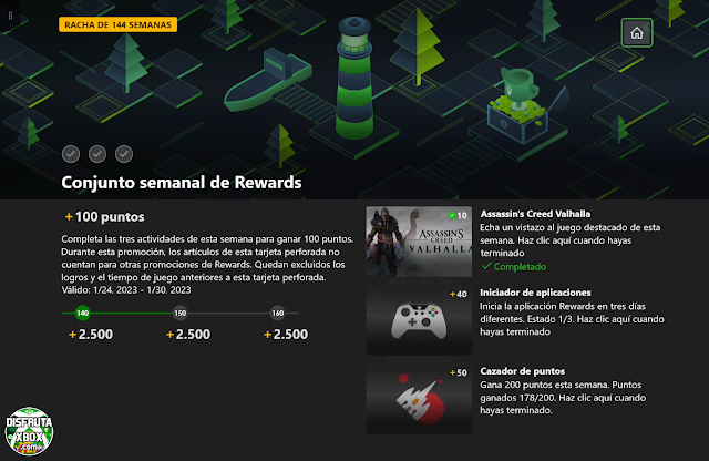 Conjunto semanal de Rewards: 100 puntos (144 Semanas completadas)