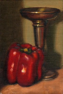 Oil painting of a red pepper beside a silver-plated vase.