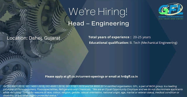 Job Availables, Gujarat Fluorochemicals Job Opening For Experienced Head Engineering