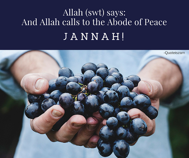 Allah says وَاللَّهُ يَدْعُو إِلَى دَارِ السَّلاَم And Allah calls to the Abode of Peace When Allah mentioned the swiftness of this world and its termination, He invited people to Paradise and encouraged them to seek it. He called it the Abode of Peace. It is the Abode of Peace because it is free from defects and miseries. Allah  says before this:  A parable of the world  إِنَّمَا مَثَلُ الْحَيَاةِ الدُّنْيَا كَمَاءٍ أَنْزَلْنَاهُ مِنَ السَّمَاءِ فَاخْتَلَطَ بِهِ نَبَاتُ الْأَرْضِ مِمَّا يَأْكُلُ النَّاسُ وَالْأَنْعَامُ حَتَّىٰ إِذَا أَخَذَتِ الْأَرْضُ زُخْرُفَهَا وَازَّيَّنَتْ وَظَنَّ أَهْلُهَا أَنَّهُمْ قَادِرُونَ عَلَيْهَا أَتَاهَا أَمْرُنَا لَيْلًا أَوْ نَهَارًا فَجَعَلْنَاهَا حَصِيدًا كَأَنْ لَمْ تَغْنَ بِالْأَمْسِ ۚ كَذَٰلِكَ نُفَصِّلُ الْآيَاتِ لِقَوْمٍ يَتَفَكَّرُونَ  Verily, the parable of the life of the world is as the water which We send down from the sky; so by it arises the intermingled produce of the earth of which men and cattle eat: until when the earth is clad in its adornments and is beautified, and its people think that they have all the powers of disposal over it, Our command reaches it by night or by day and We make it like a clean-mown harvest, as if it had not flourished yesterday! Thus do We explain the Ayat in detail for the people who reflect   سبحان الله   Thus Allah  reminds us of the eternal Jannah after, Dar As Salam!  Not only does Allah  remind us of Jannah and its existence, But He calls us to it!  Allah  calls us to it!   Imagine the King or Ruler calls us for a banquet! We would run, we wouldn't stop waving that fact in peoples faces!!  But when it comes to the invitation of the Creator and King of kings, they are as Allah  says  صُمٌّ بُكْمٌ عُمْيٌ  Deaf, Dumb and Blind  And Allah  is inviting us... To where? Jannah! Dar As Salam!   One step into it, is enough to make any person forget his hardship in Dunya... even if it was the most severe of hardships!   Such is Allah , Ar Rahman, that He blessed us with Hidayah so that we may respond to his call, Such is Allah , Al Hakeem, Al 'Aleem, that Jannah is hidden from us, only to make us yearn for it, so that we may respond to his call!   Such is Allah!