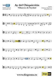 Ay del Chirriquitín Partitura del Villancico en Clave de Do para Viola y otros instrumentos en Clave de Do en 3º Línea. Christmas Carol Song Ay del Chirriquitín Sheet Music in key C Music Score