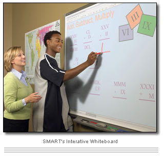 teacher interacting with a student on a SMART board