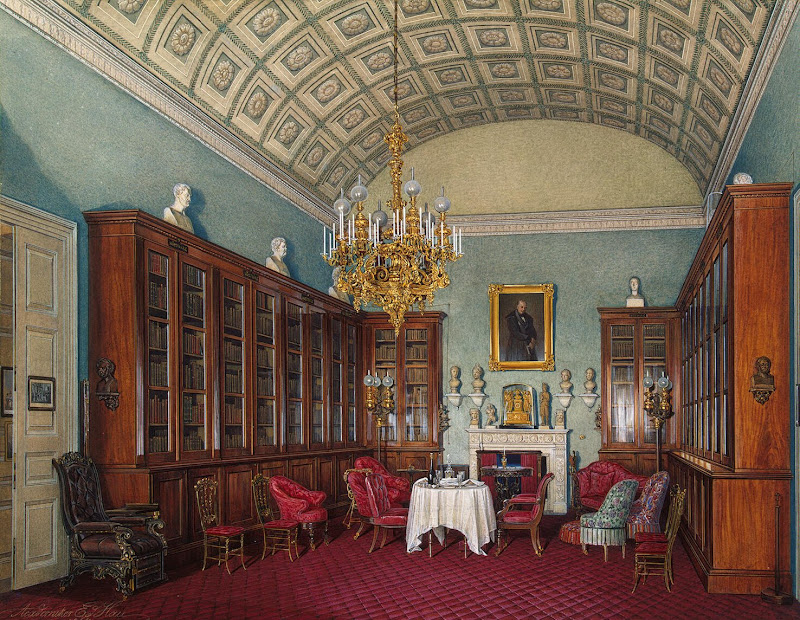 Interiors of the Winter Palace. The Library of Emperor Alexander II by Edward Petrovich Hau - Interiors, Architecture Drawings from Hermitage Museum