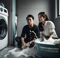 Man and woman sitting in their laundry room with soap and water on the floor