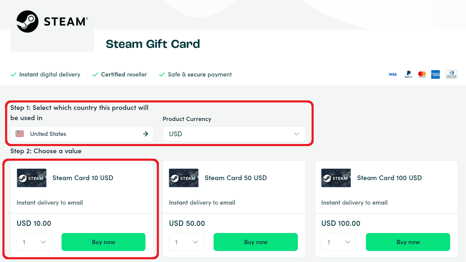 Recharge - Select the country, currency and Steam gift card amount