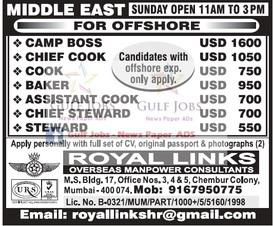 Offshore Large Job vacancies for Middle East