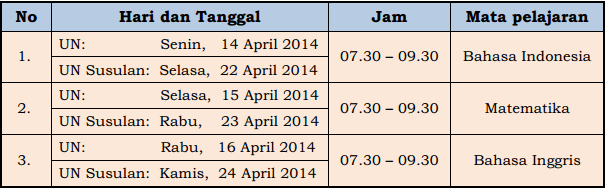 Jadwal UN Tahun Pelajaran 2013/2014