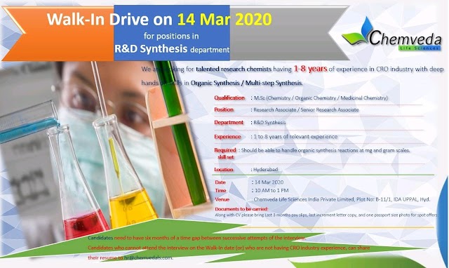 Chemveda | Walk-in for R&D at Hyderabad on 14 Mar 2020