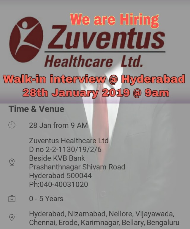 Zuventis Health care | Walk-In interview for Medical Representatives | 28th Jan 2019 | Hyderabad