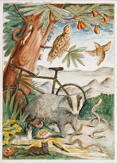 Egg tempera, heaven, badger, snake, bycicle, cat, turtle