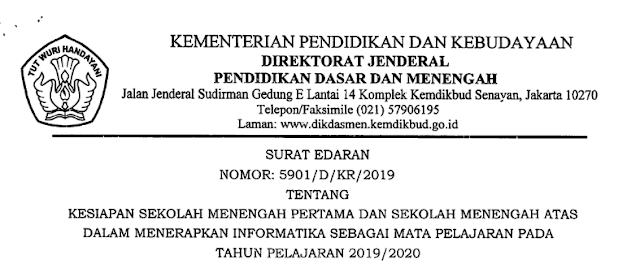  Kementerian Pendidikan dan Kebudayaan Direktorat Jenderal Pendidikan Dasar dan Menengah  Surat Edaran DIRJEN DIKDASMEN tentang Penerapan Mata Pelajaran Informatika dalam Kegiatan Belajar Mengajar TP 2019/2020