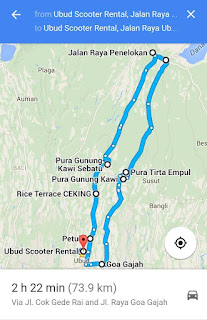 Map of one day trip by scooter / motorbike around ubud bali