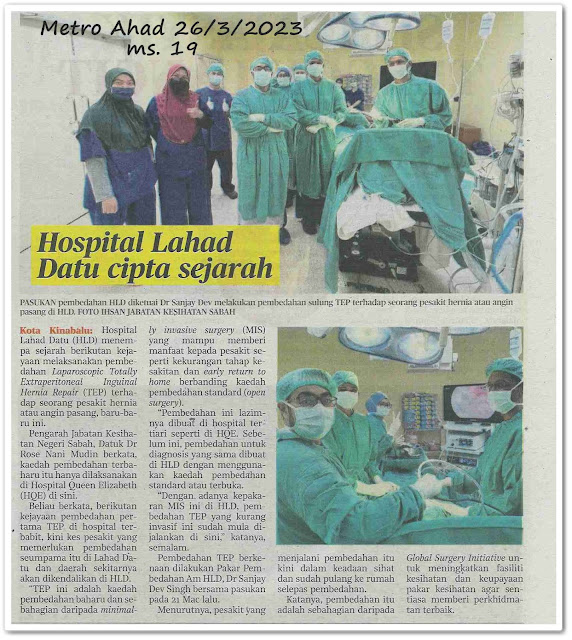 Hospital Lahad Datu cipta sejarah - Keratan akhbar Metro Ahad 26 Mac 2023