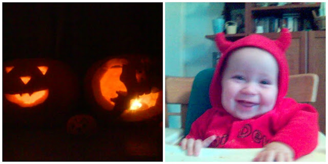 Baby in Halloween Costume and Pumpkins