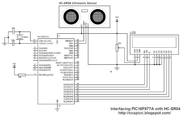 Interfacing PIC16F877A with HC-SR04 ultrasonic sensor circuit