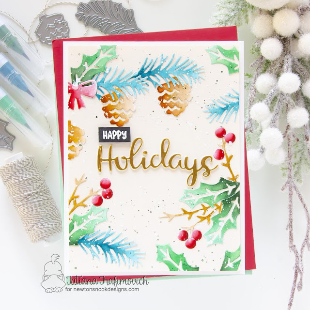 Happy Holidays by Tatiana Trafimovich | Pines & Holly Die Set, Holiday Greetings Die Set and Cycling Friends Stamp Set by Newton's Nook Designs #newtonsnook #handmade