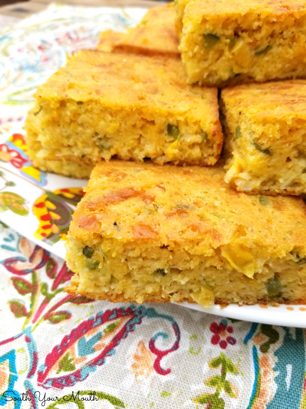 Navajo Cornbread - A rustic, savory cornbread recipe chocked full of jalapeno peppers, jack cheese, creamed corn and green onions.
