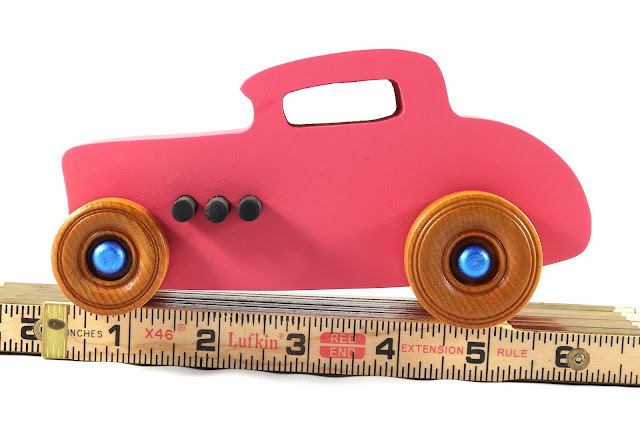 Wood Toy Car, Hot Rod '32 Deuce Coupe, Handmade, Painted Pink, Black, Metallic Sapphire Blue, and Amber Shellac, From The Freaky Ford Collection