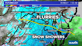 WUSA 9 map showing flurries for the DMV at 7:30 AM.