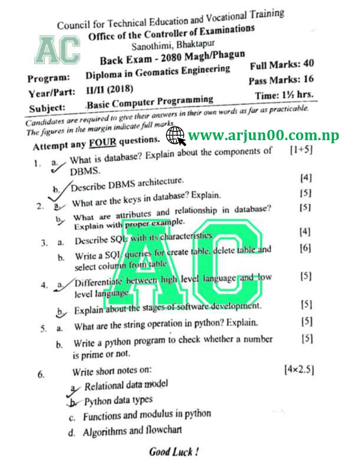 Basic Computer Programming:- 2080 to 2078  Question Paper of Fourth Semester, Diploma in Geomatics Engineering- DGE ,CTEVT, Diploma,  Basic Computer Programming:2080,2079, 2078, Question Bank, , arjun00 , DGE, Question Bank, Basic Computer Programming Question Bank, Basic Computer Programming Back 2080 Paper,