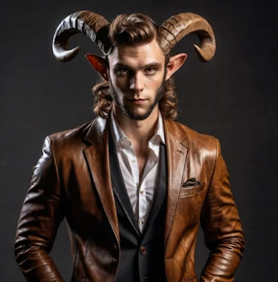 Pan is satyr wearing a brown leather blazer