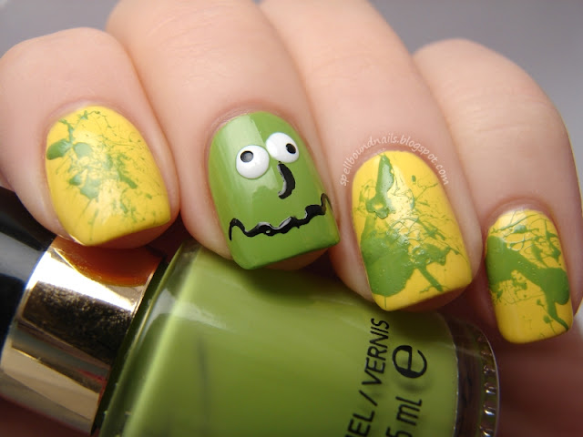 nails nailart nail art polish mani manicure Spellbound ABC Challenge Q is for Queasy Sally Hansen Mellow Yellow Revlon Garden green splatter face vomit sick